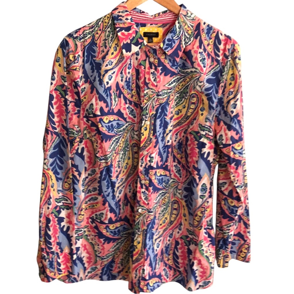 Talbots Sz XL Colorful Button Down Top Shirt Cotton Abstract Paisley L/S Maximal